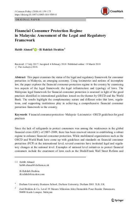 Financial Consumer Protection Regime in Malaysia: Assessment  .